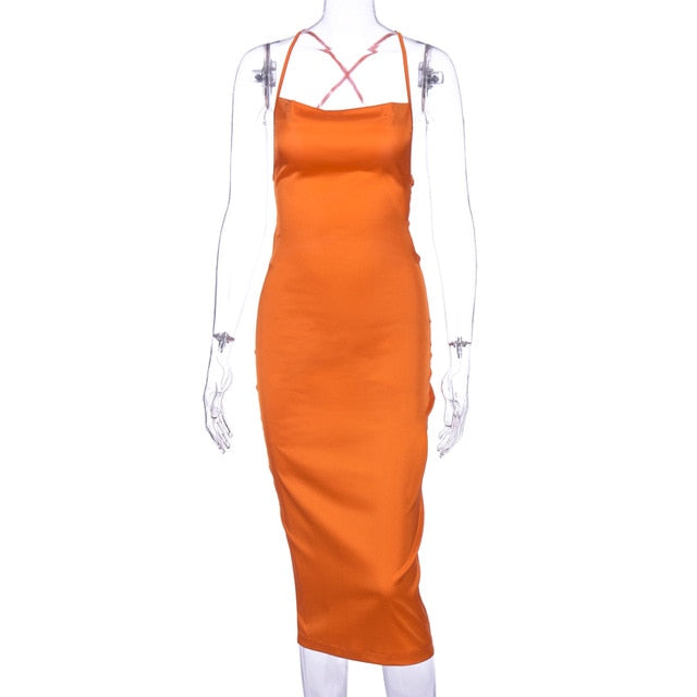 Dulzura Neon Satin Lace Up Sleeveless Bodycon Long Midi Dress Orange