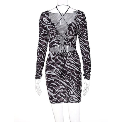 Dulzura Zebra Print Lace Up Long Sleeve Mini V Neck Hollow Dress black