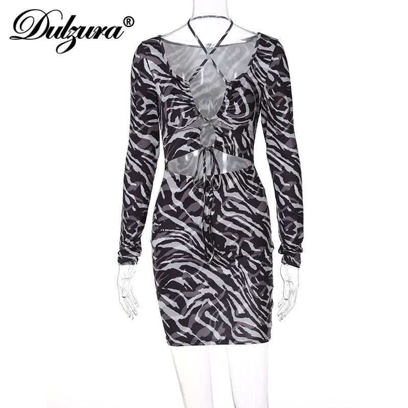Dulzura Zebra Print Lace Up Long Sleeve Mini V Neck Hollow Dress