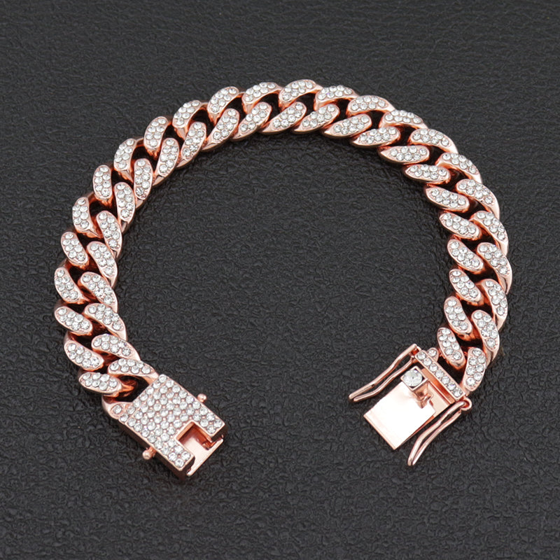 Hip-Hop Street Trend Diamond-Encrusted Chain Hiphop Rap Bracelet Male Zircon Bracelet Diamond Bracelet Rose Gold20CM