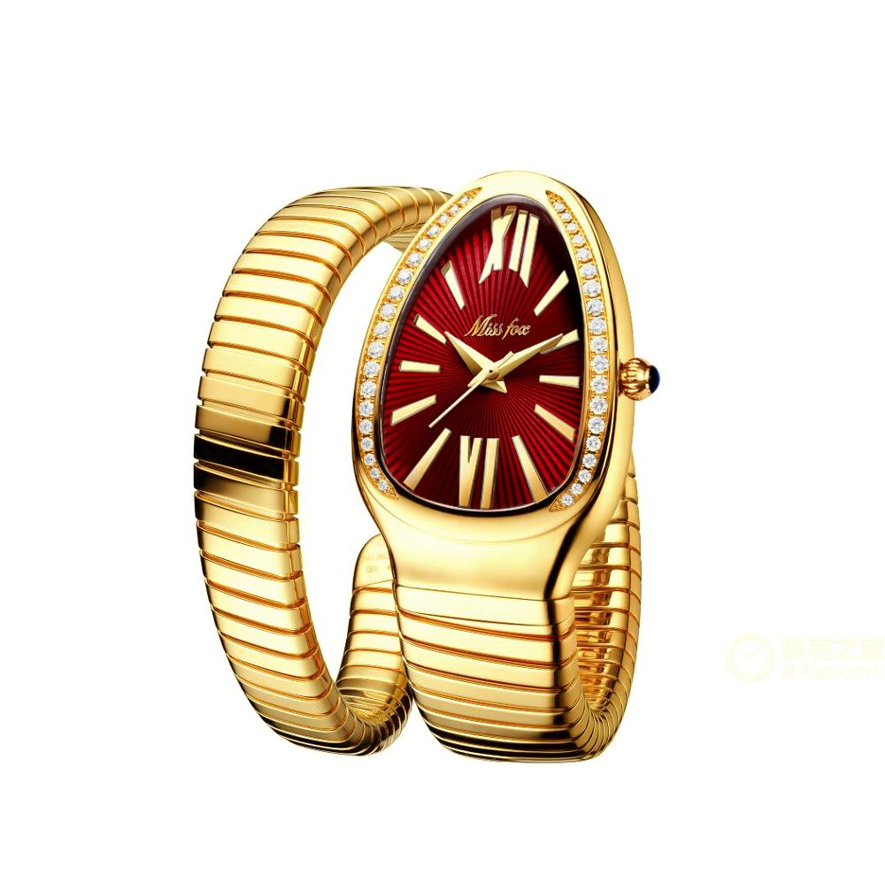 MISSFOX 1221 Women's Watches Snake Shape Luxury Wrist Watch For Women Steel Unique Gold Quartz Ladies Watch Clock Relogio Feminino B-1221-GRe
