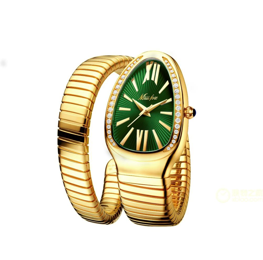 MISSFOX 1221 Women's Watches Snake Shape Luxury Wrist Watch For Women Steel Unique Gold Quartz Ladies Watch Clock Relogio Feminino B-1221-GGr
