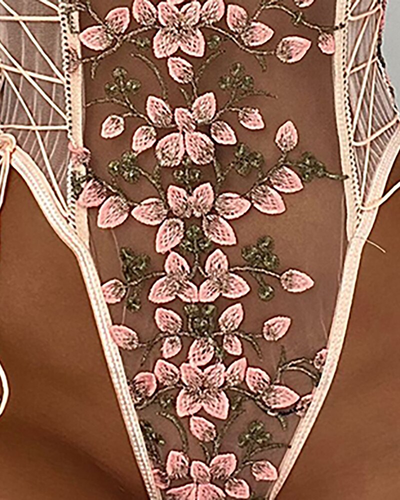 Elegant Floral Embroidery Lace Up Sheer Mesh Lingerie