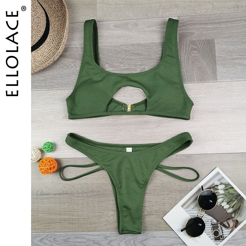 Ellolace Hollow Out High Cut Micro Swimwear Army Green