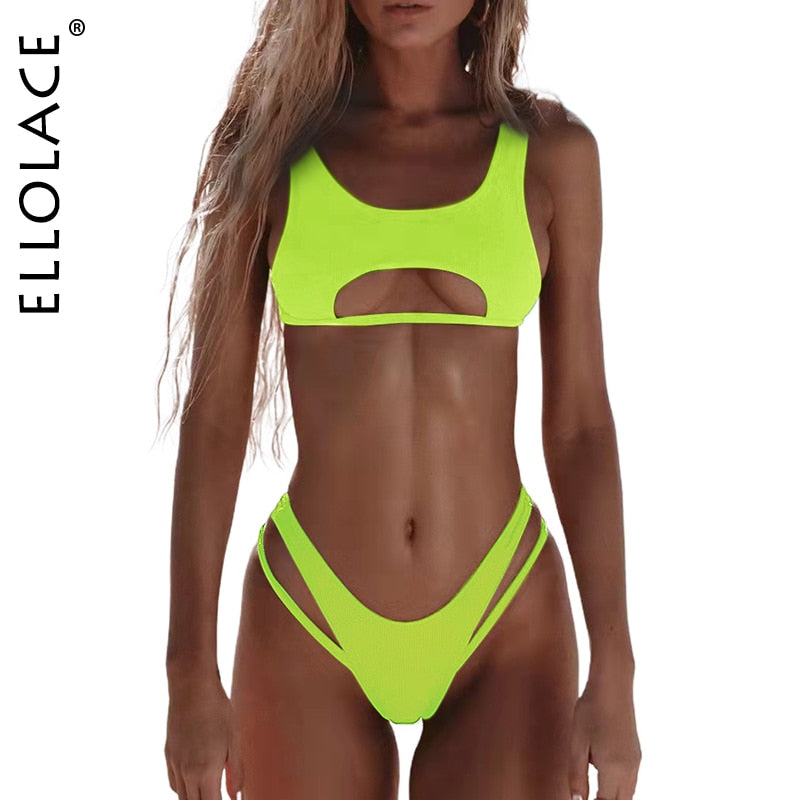 Ellolace Hollow Out High Cut Micro Swimwear Neon Yellow
