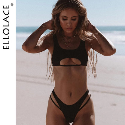 Ellolace Hollow Out High Cut Micro Swimwear Black