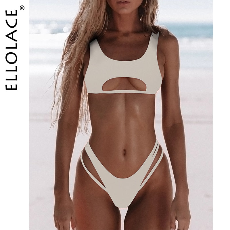 Ellolace Hollow Out High Cut Micro Swimwear Beige