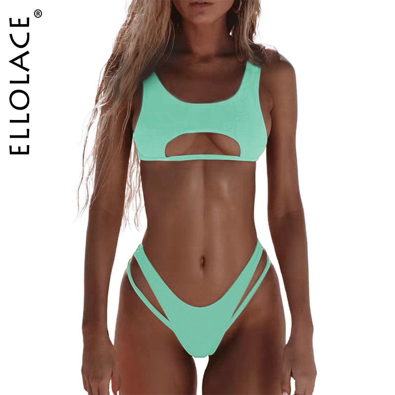 Ellolace Hollow Out High Cut Micro Swimwear Mint
