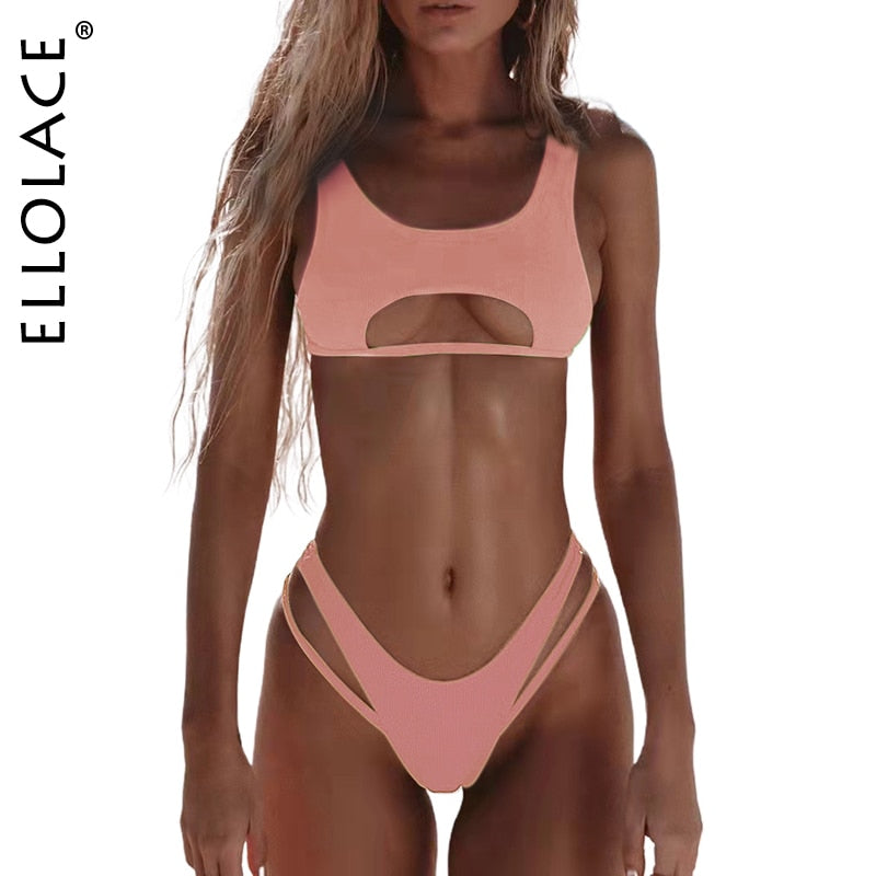 Ellolace Hollow Out High Cut Micro Swimwear Light Pink