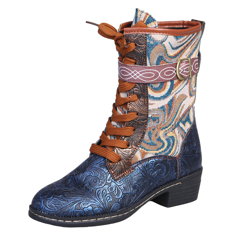 Ethnic Mid Tube Fancy Thick Boots