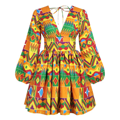 Fashion African V Neck Polyester Printed Dress 2