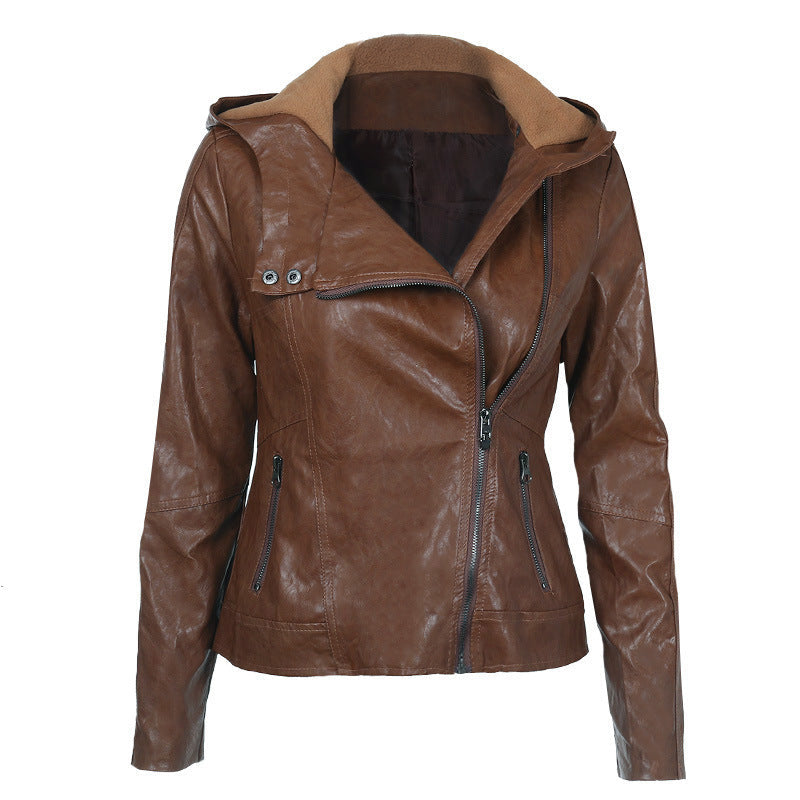 Fashion Hooded Long Sleeved Solid Color Leather Jacket Image color Xl
