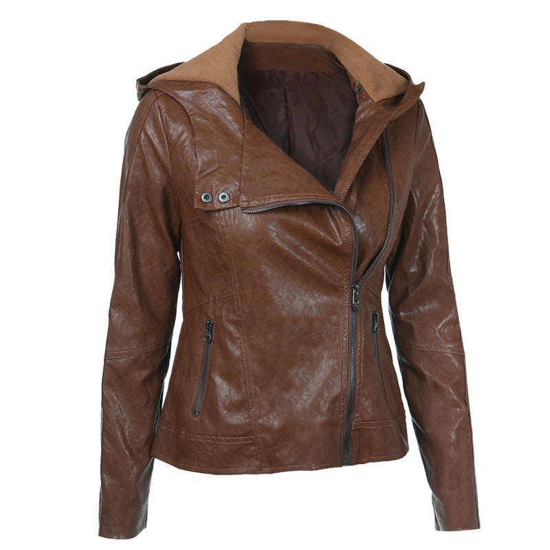 Fashion Hooded Long Sleeved Solid Color Leather Jacket