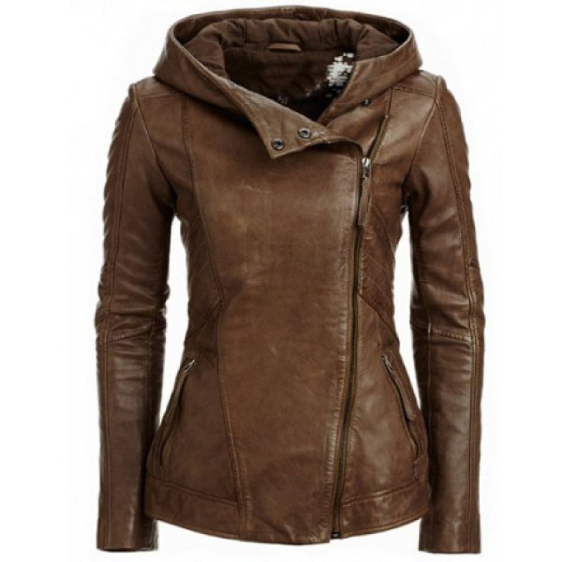 Fashion Hooded Long Sleeved Solid Color Leather Jacket Image color