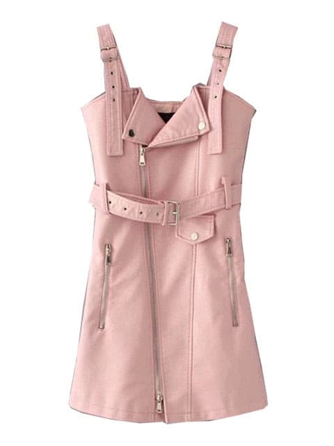 Fashion Leather V Neck Mini Short Sash Dress Pink