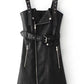Fashion Leather V Neck Mini Short Sash Dress Black