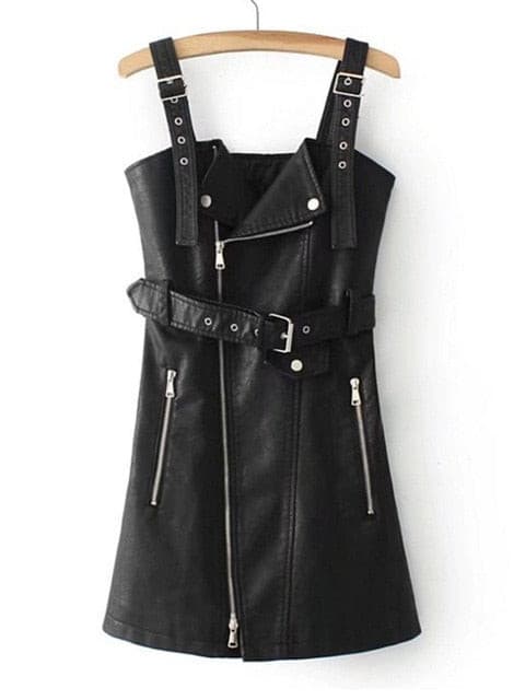Fashion Leather V Neck Mini Short Sash Dress Black