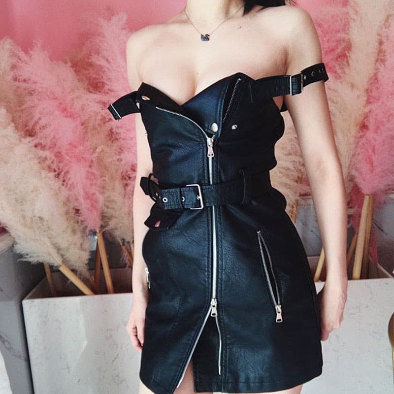Fashion Leather V Neck Mini Short Sash Dress