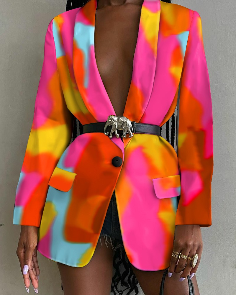 Fashion Printed Shawl Collar Single Breast Belt Coat