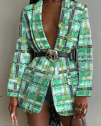 Fashion Printed Shawl Collar Single Breast Belt Coat Green