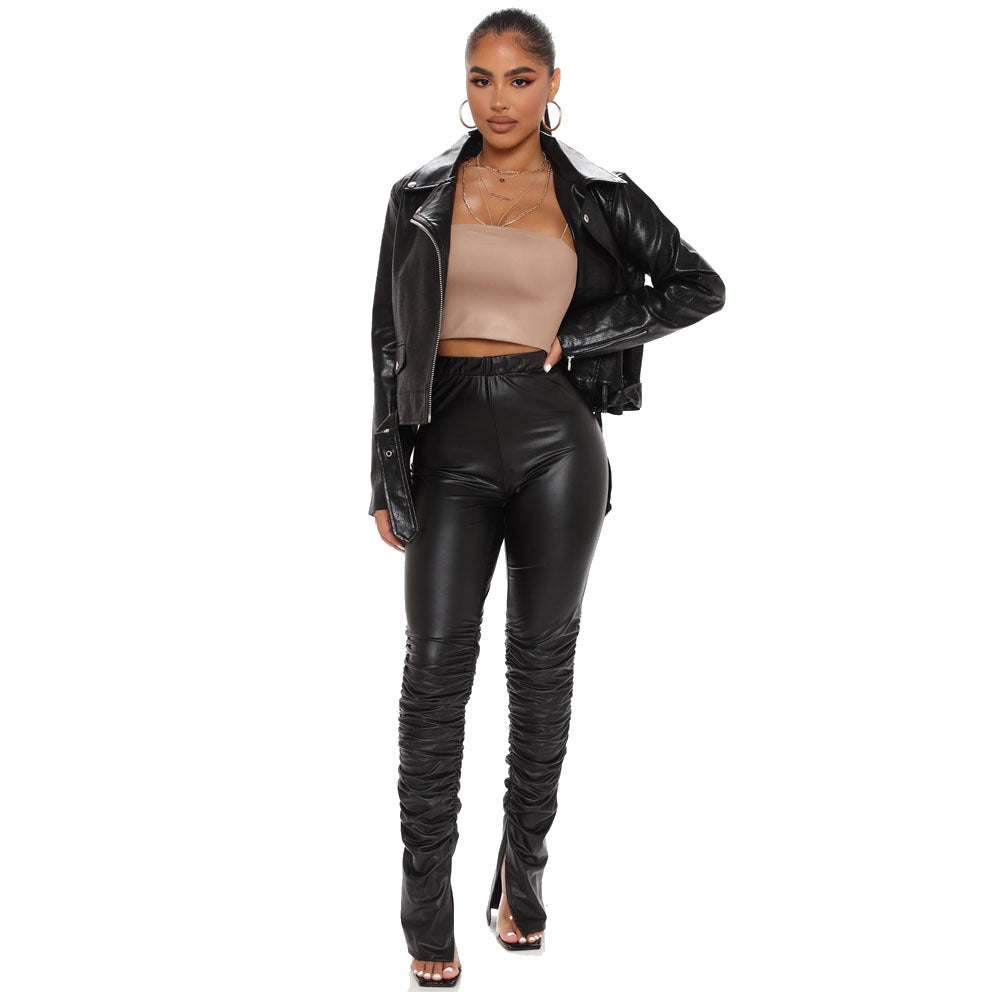 Fashionable Elastic Tight Pleated Leather Pants Black Xxl