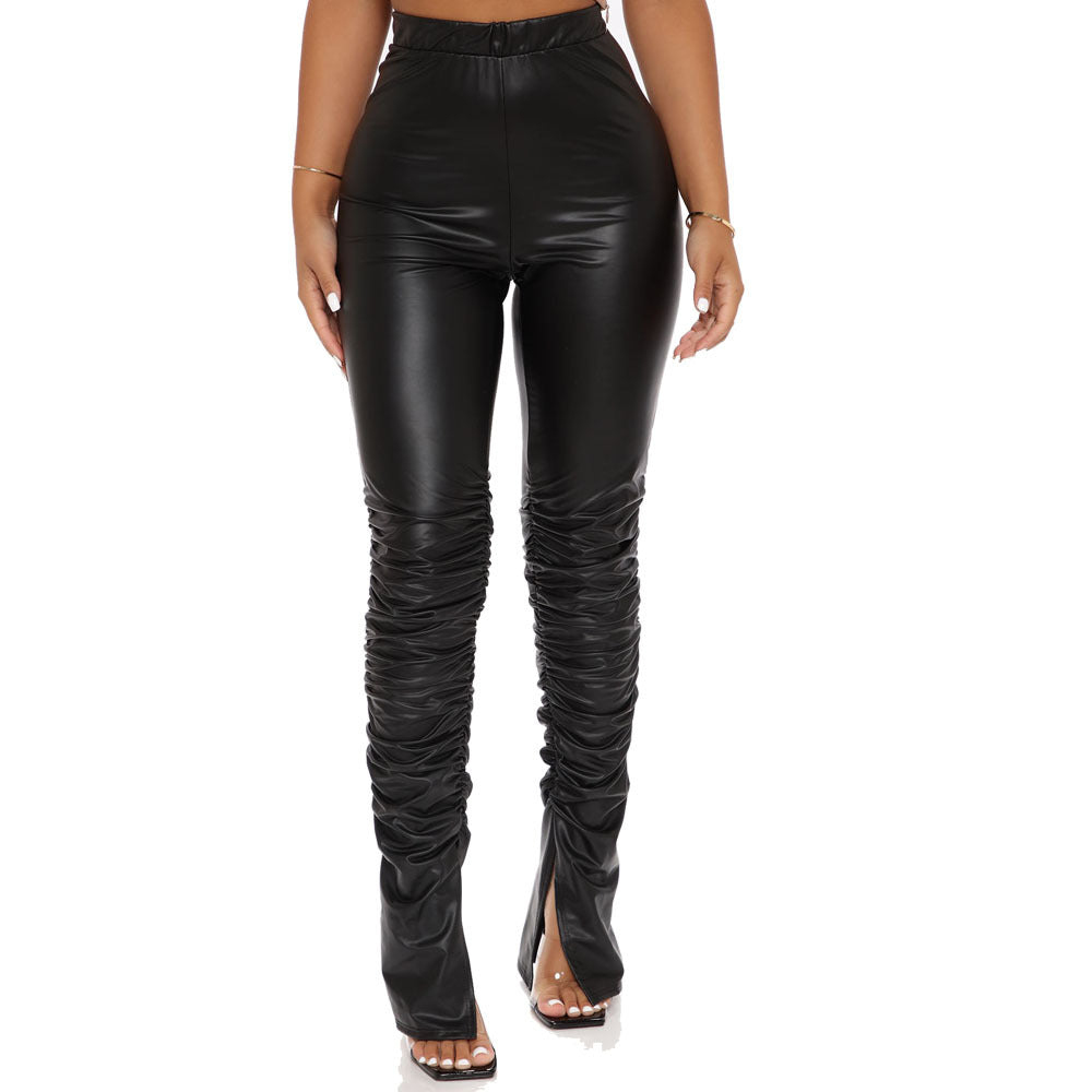 Fashionable Elastic Tight Pleated Leather Pants Black L