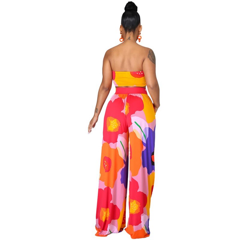 Floral Print Long Pants Casual Elegant Tube Top Outfit Set