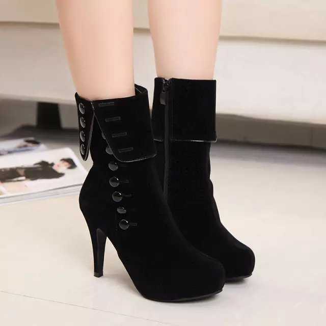 Fancy Collared Suede Zipped Up High Heel Boots Black