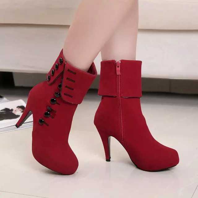 Fancy Collared Suede Zipped Up High Heel Boots Red