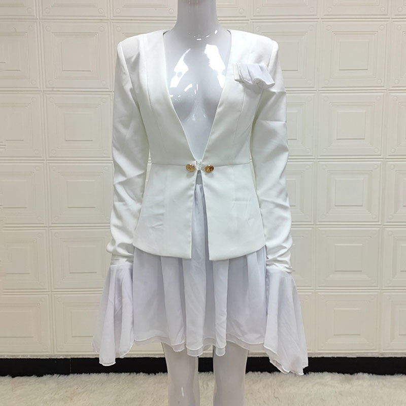 Foreign Early Autumn Suit Jacket Short Skirt Two Piece Outfit White L