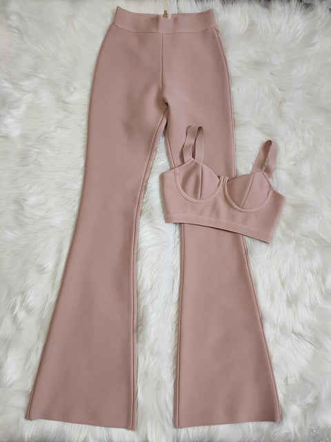 Foreign Sleeveless Top And High Waist Pants Outfit Apricot