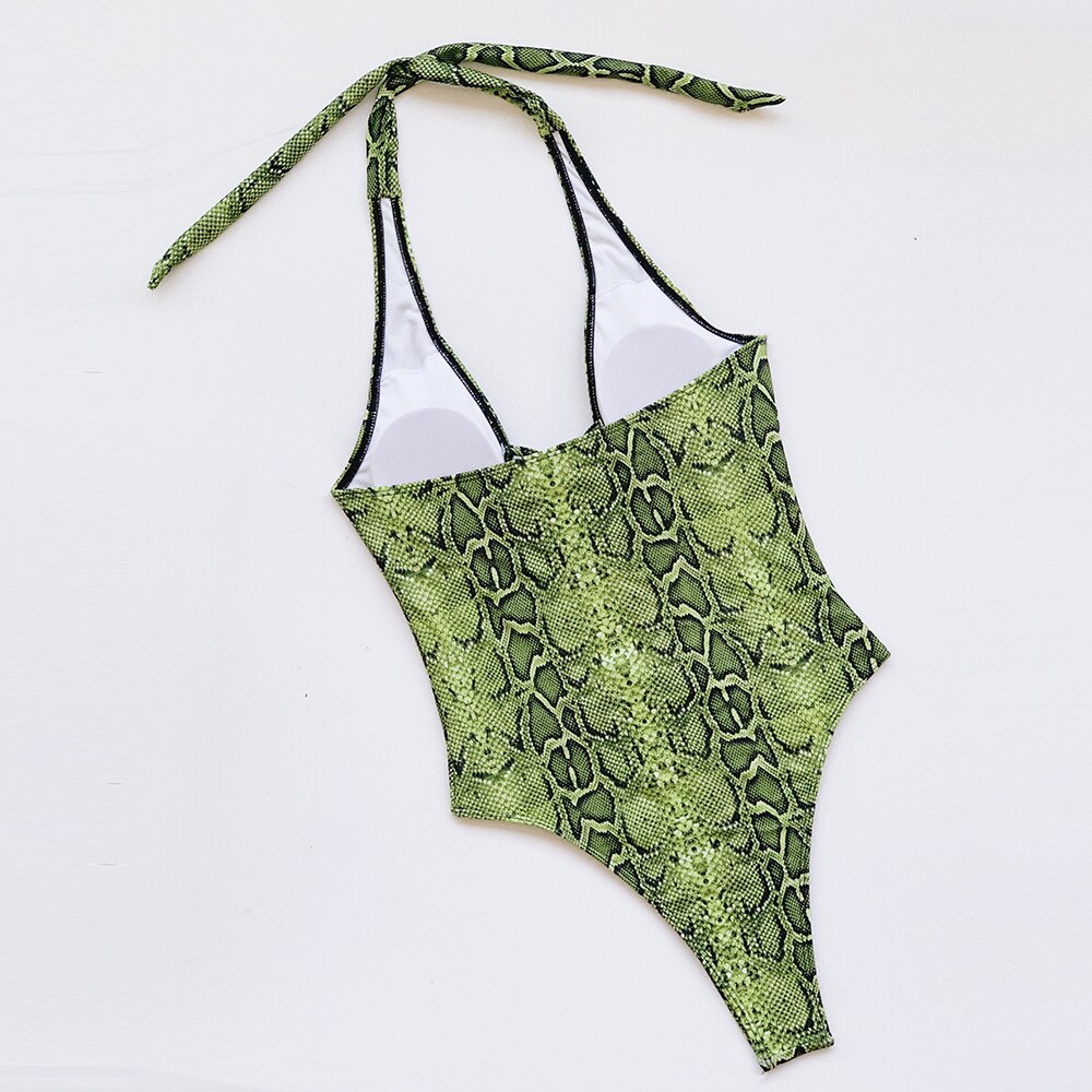 Green snake Swimwear String Hollowed One Piece Swimsuit Female Halter Bodysuit High Waist Monokini Bathing Suit