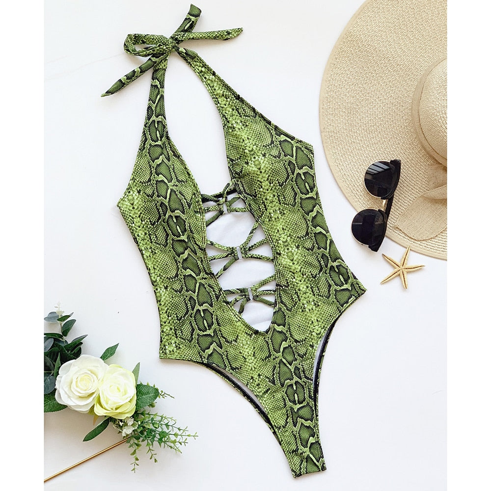 Green snake Swimwear String Hollowed One Piece Swimsuit Female Halter Bodysuit High Waist Monokini Bathing Suit Green snake