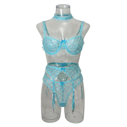 Grid Style See Through Neck Tie Lingerie Sky blue