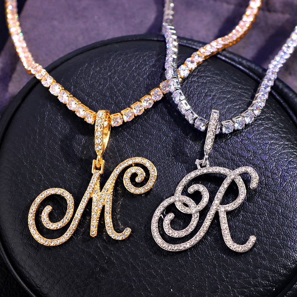 New Cursive Letters Cubic Zirconia Chain Intial Name Necklace Hip Hop Jewelry Gold Silver Color CZ 26 Alphabet Pendant Necklaces