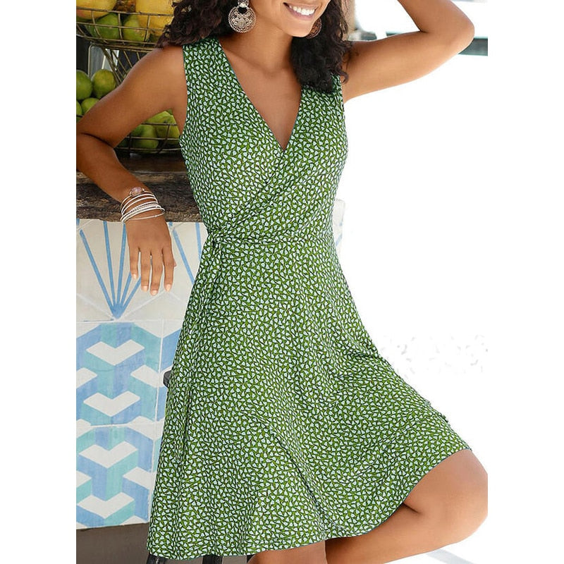 New Casual Polka Dot Dress Women V Neck Sleeveless Bandage Beach Dress Summer Bohemian Dresses For Women Clothes Green