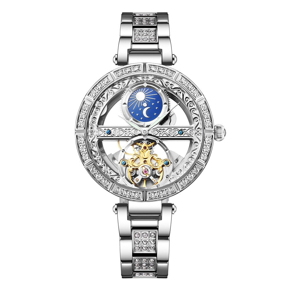 Woman Watch Ladies Clock Luxury Fashion Female Mechanical Watches Wristwatches Silver