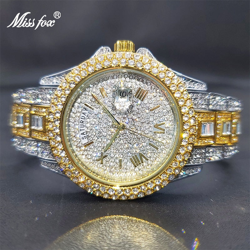 Relogio Masculino Luxury Iced Out Diamond Multifunction Watch V320R-GoldSilver
