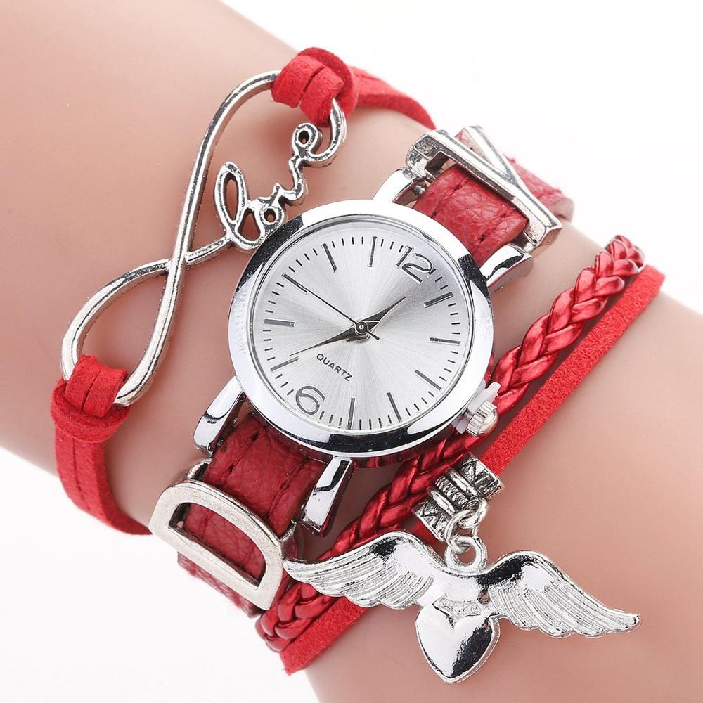 Duoya Brand Watches For Women Luxury Silver Heart Pendant Leather Belt Quartz Clock Ladies Wrist Watch Bracelet Zegarek Damski Red