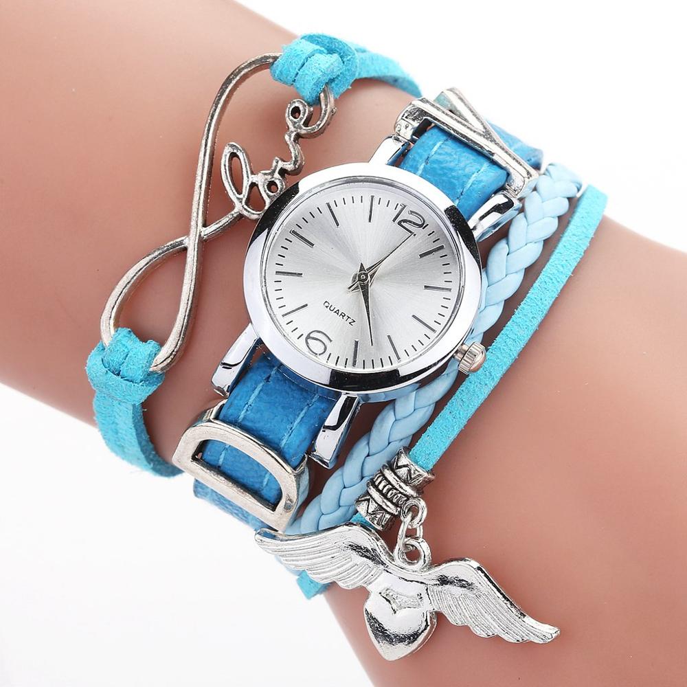 Duoya Brand Watches For Women Luxury Silver Heart Pendant Leather Belt Quartz Clock Ladies Wrist Watch 2019 Zegarek Damski Sky blue