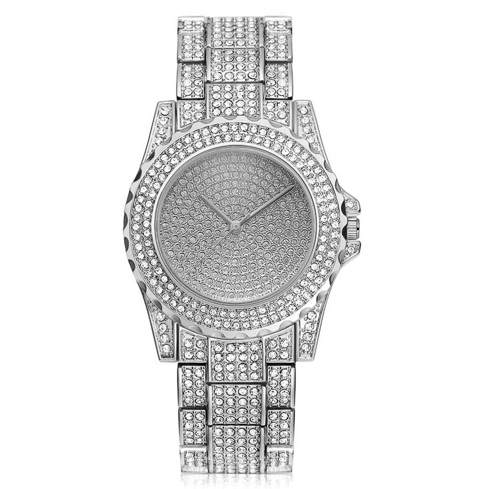 Luxury Iced Out Diamond Elegant Bling Watch Silver