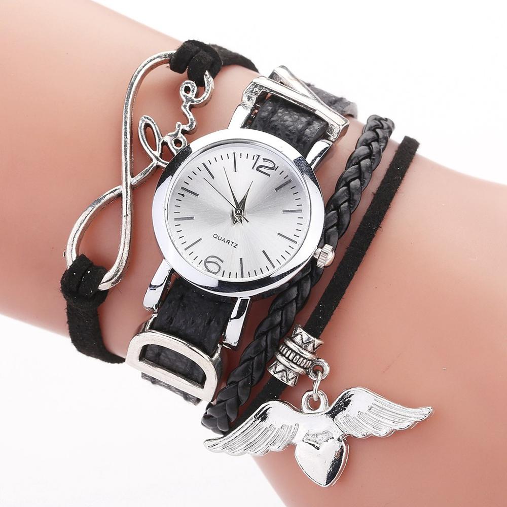 Duoya Brand Watches For Women Luxury Silver Heart Pendant Leather Belt Quartz Clock Ladies Wrist Watch Bracelet Zegarek Damski Black