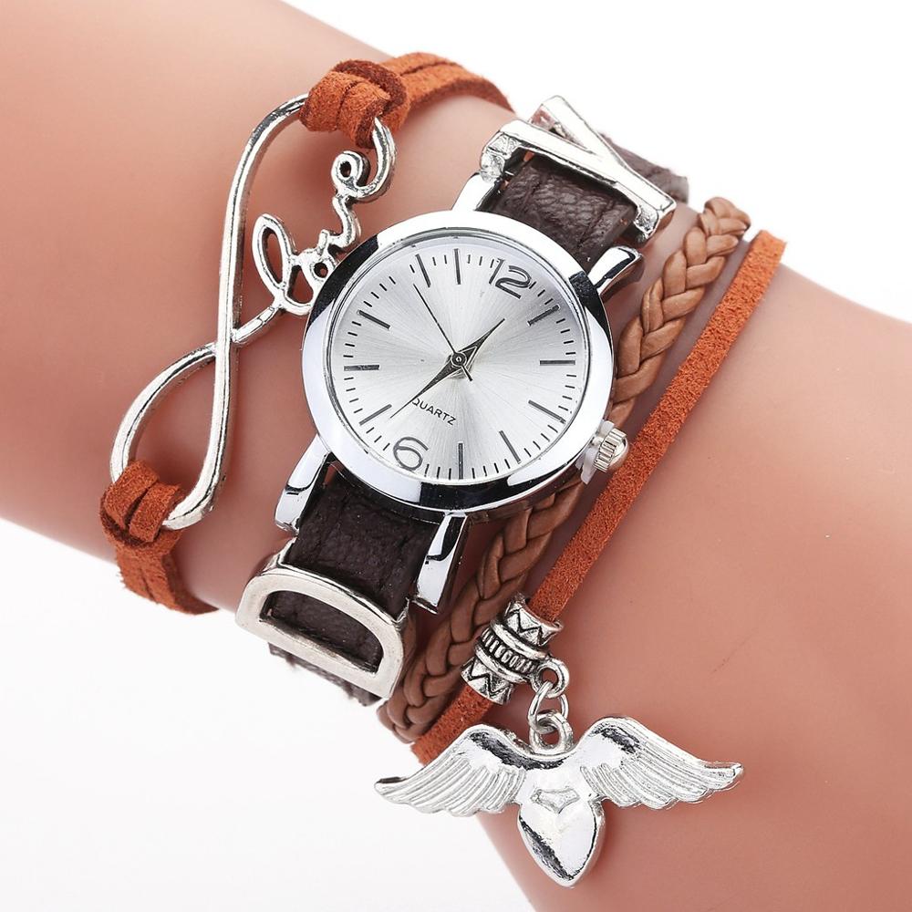 Duoya Brand Watches For Women Luxury Silver Heart Pendant Leather Belt Quartz Clock Ladies Wrist Watch Bracelet Zegarek Damski Brown