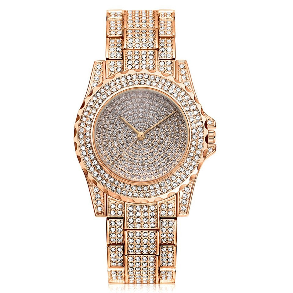 Luxury Iced Out Diamond Elegant Bling Watch Rose Gold
