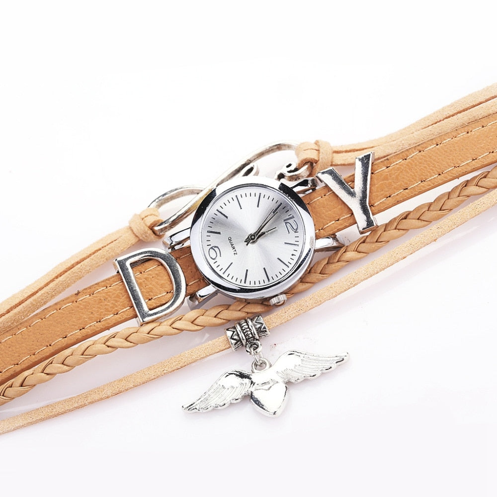 Duoya Brand Watches For Women Luxury Silver Heart Pendant Leather Belt Quartz Clock Ladies Wrist Watch Bracelet Zegarek Damski
