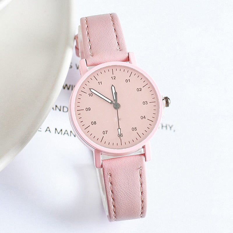 Minimalist Quartz Leather Strap Round Dial Wrist Watch Pink China