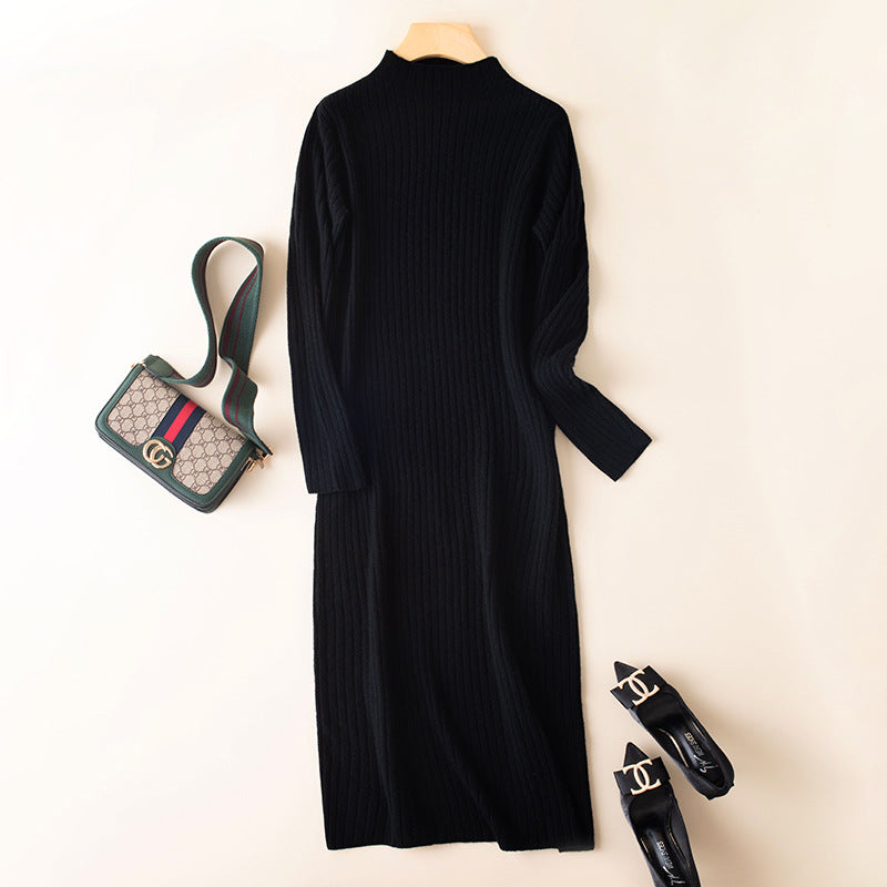 Half Turtleneck Knitted Wool Slim Sweater Dress Black