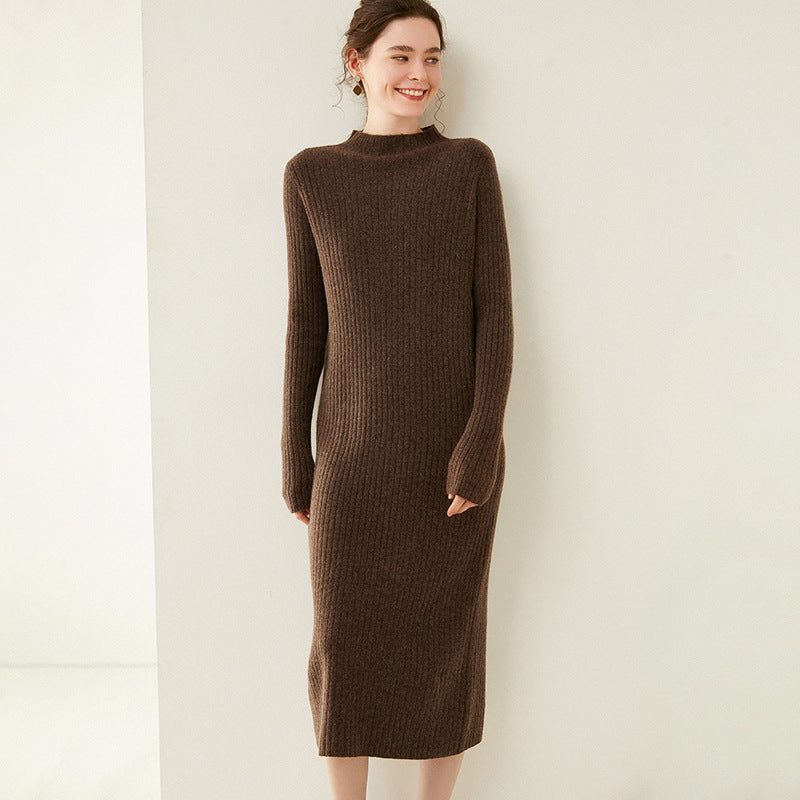 Half Turtleneck Knitted Wool Slim Sweater Dress Brown Xxl