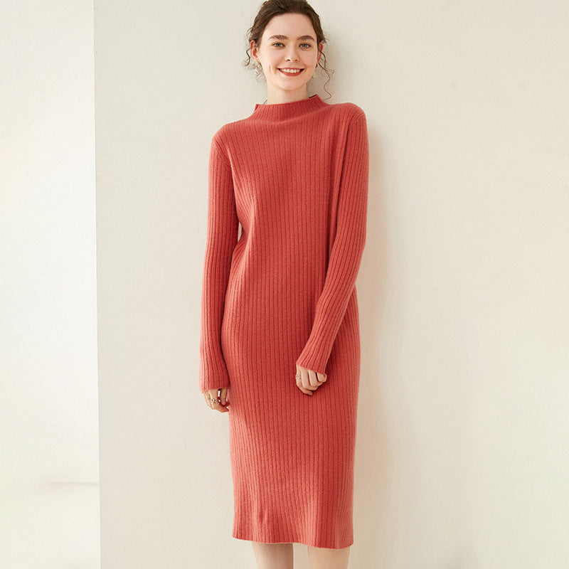Half Turtleneck Knitted Wool Slim Sweater Dress Brown S
