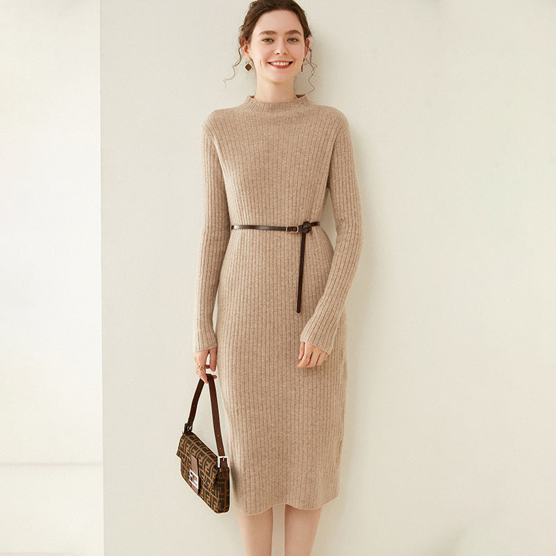 Half Turtleneck Knitted Wool Slim Sweater Dress Brown L